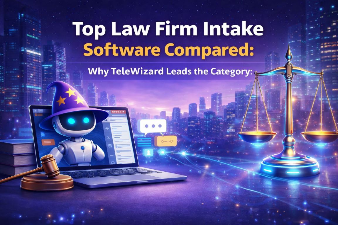 Illustrated cityscape with an AI legal intake assistant, laptop, gavel, and balanced scales