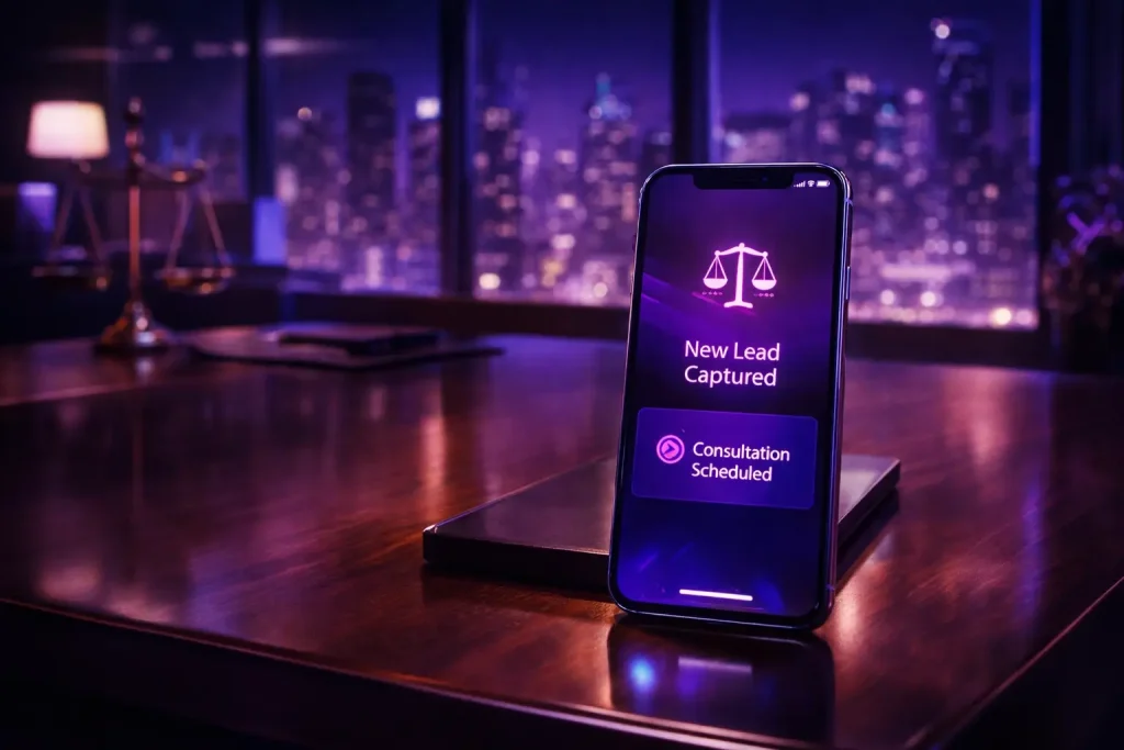 Smartphone in a law office at night showing a new lead captured and a consultation scheduled