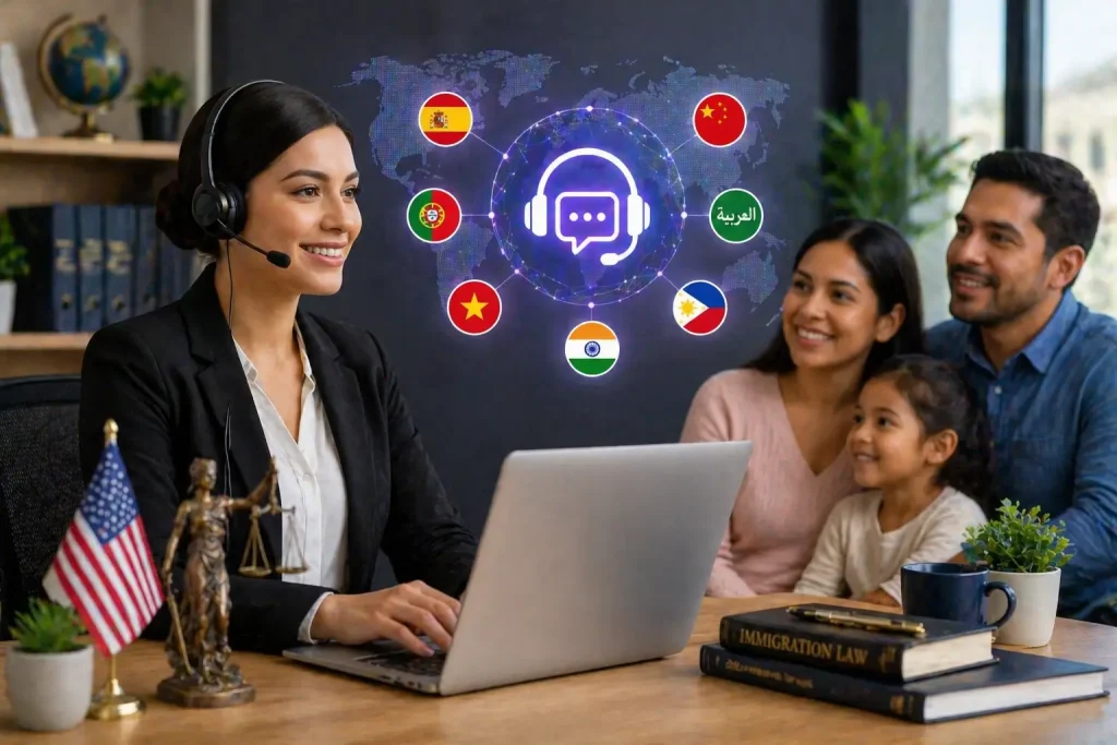 Conceptual scene representing a multilingual AI receptionist for immigration law firms, with a family and headset-wearing receptionist