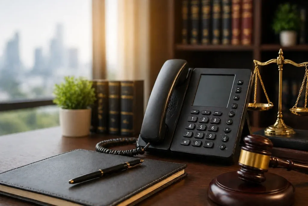 Law-office desk with a telephone, notebook, gavel, and scales of justice for an answering-service evaluation