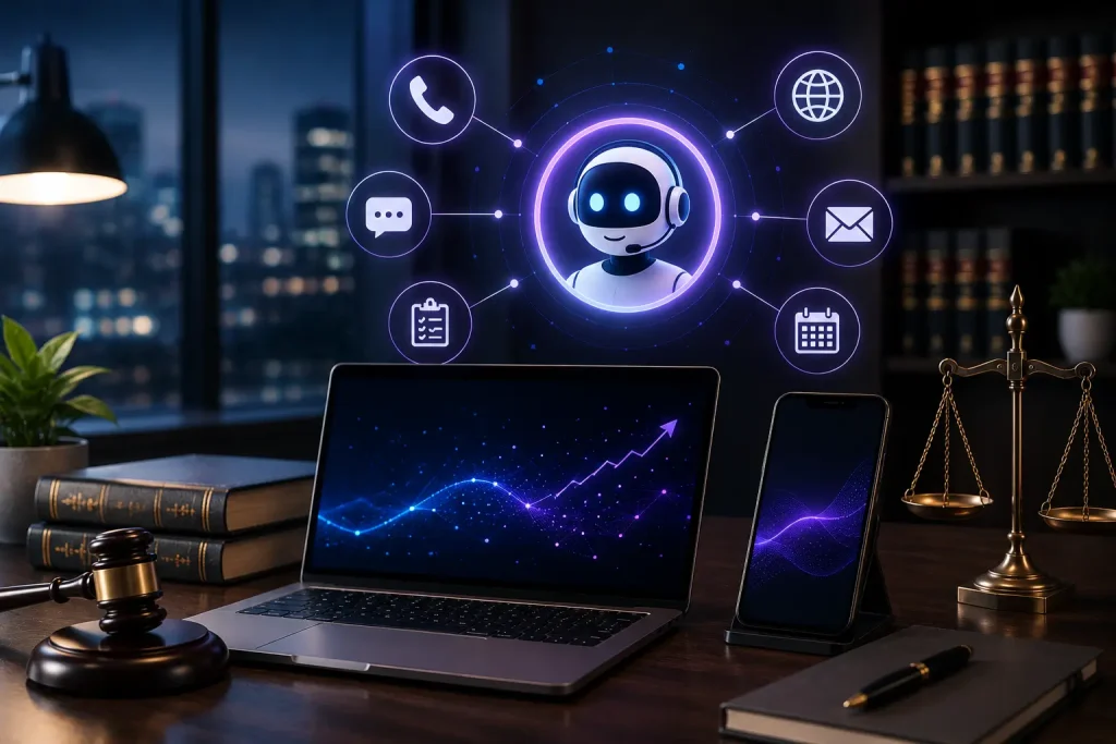 Conceptual 24/7 law firm intake system connecting calls, messages, intake, scheduling, and attorney review
