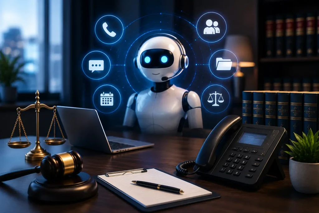 AI answering service handling legal calls, intake, scheduling, and connected law-firm workflows