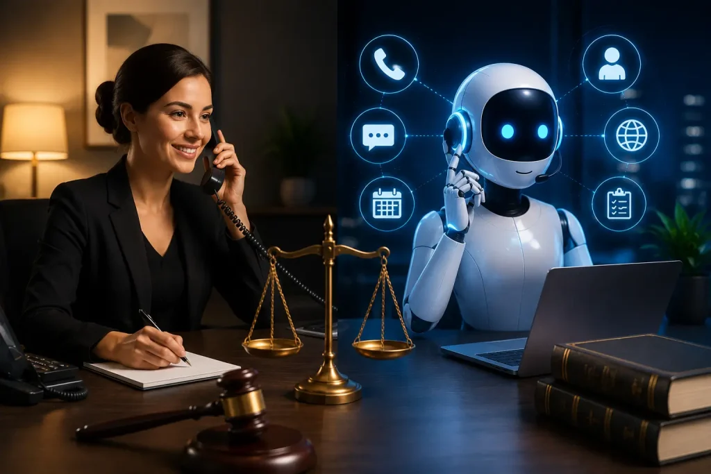 Conceptual split scene of a human legal receptionist and an AI receptionist at a desk with scales of justice