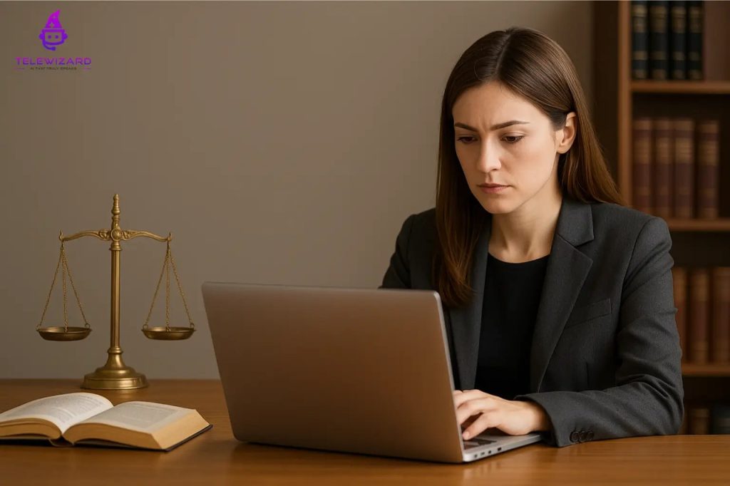 Law-firm professional evaluating AI intake software with TeleWizard