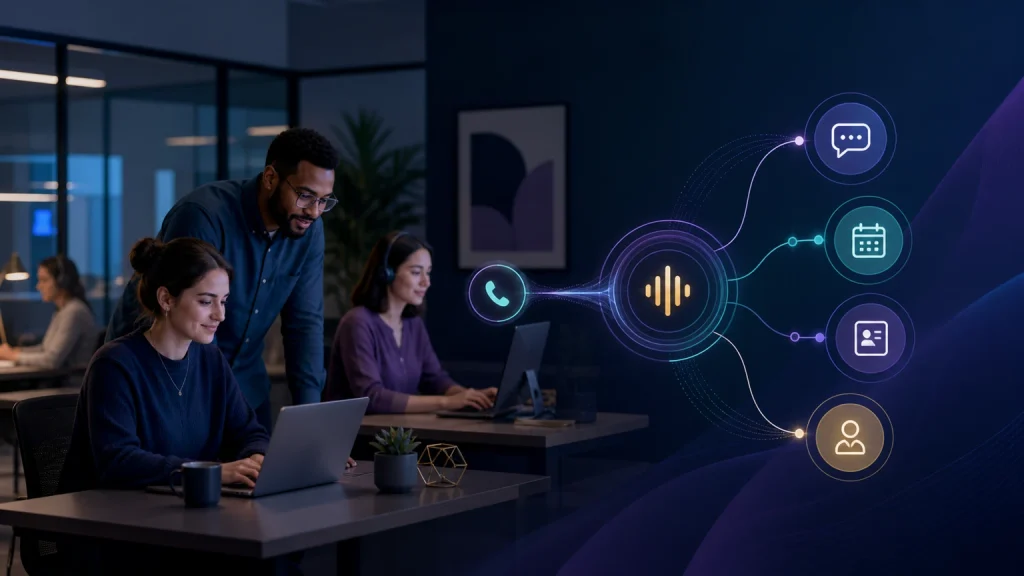 Conceptual AI phone answering service cost savings workflow connecting calls, approved answers, bookings, records, and human escalation