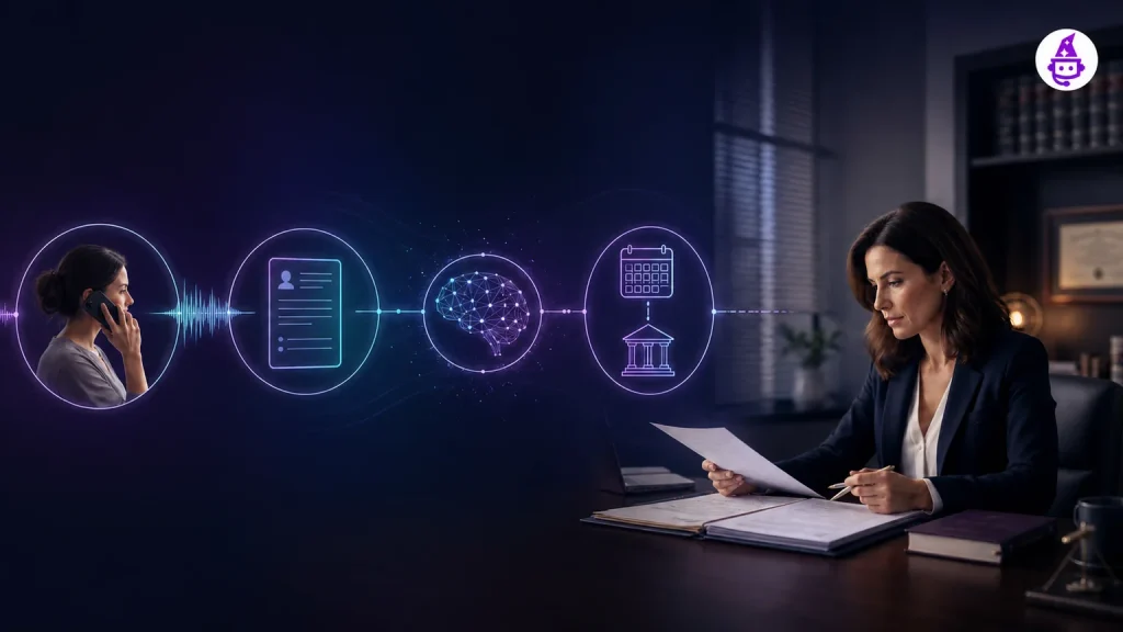 Conceptual illustration of the future of law firm client intake, connecting a caller, structured intake, scheduling, and attorney review