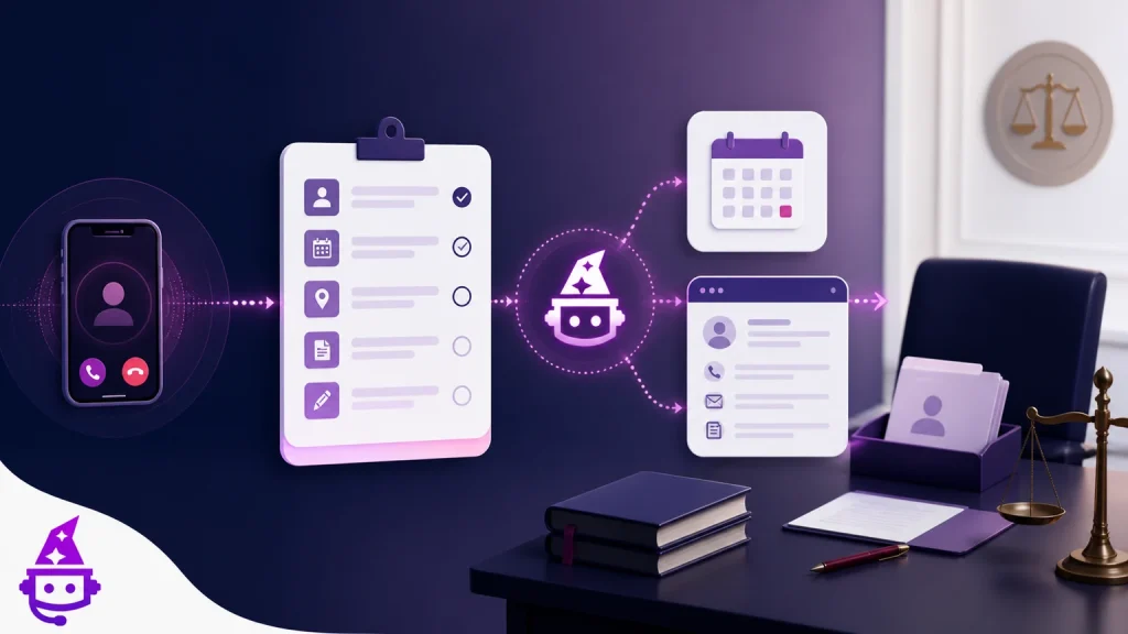 Conceptual TeleWizard legal intake workflow showing an incoming call, firm-approved questions, scheduling, record updates, and lawyer review