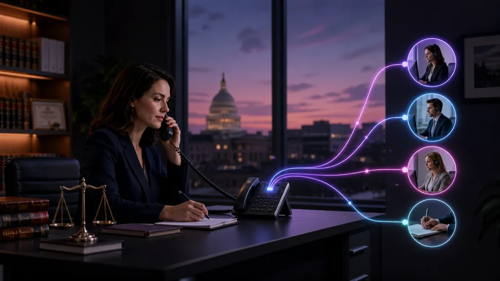 Conceptual law-office scene for law firm hold time costs, showing a professional on the phone and coordinated routing paths
