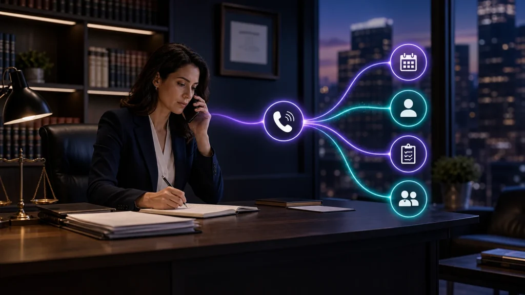 Conceptual TeleWizard Live Actions workflow for legal intake, connecting a phone inquiry to scheduling, a contact record, a staff task, and human handoff