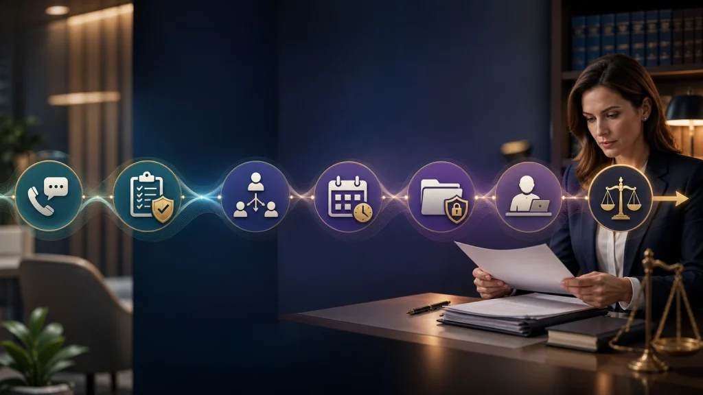 Conceptual legal intake workflow from first contact and approved information gathering to scheduling, recordkeeping, and human lawyer review
