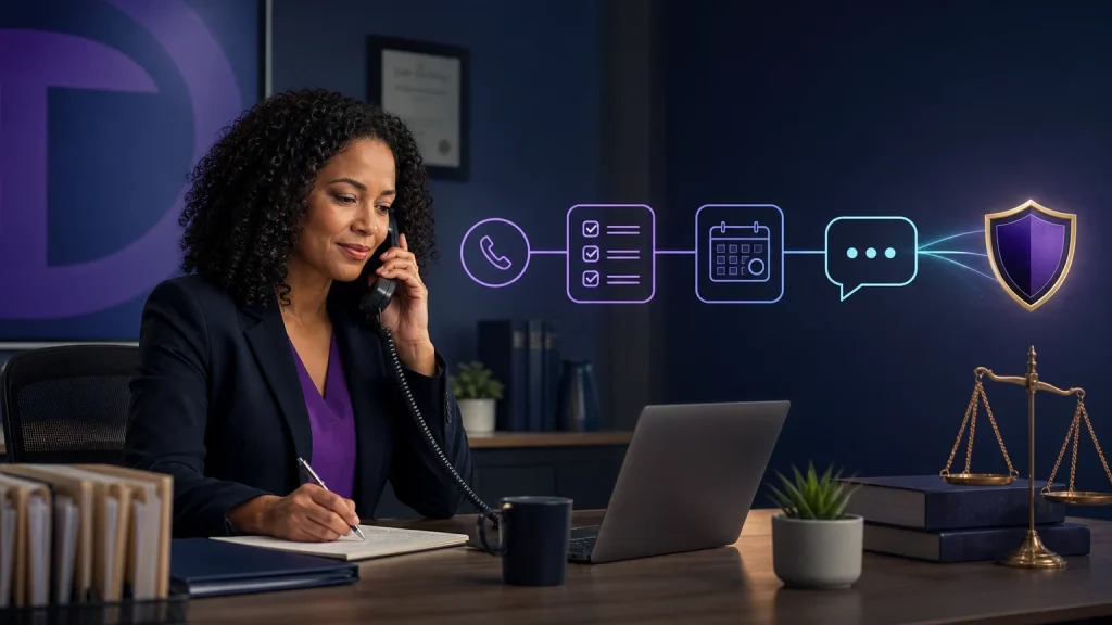 Law firm intake and Google reviews workflow connecting an answered call, approved intake, scheduling, neutral feedback, and privacy review