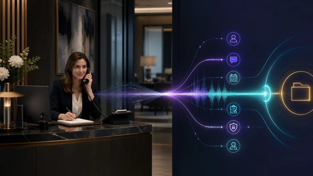Conceptual TeleWizard vs traditional receptionist for law firms comparison showing human reception and connected AI workflow paths