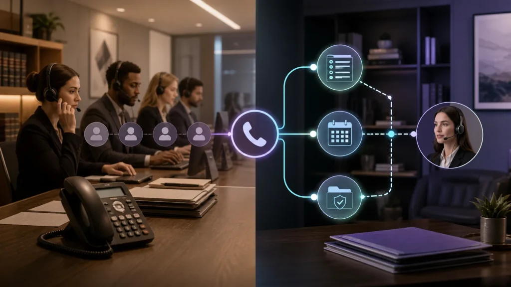 Conceptual comparison of a staffed law-firm call center and a connected AI-assisted intake workflow with human escalation