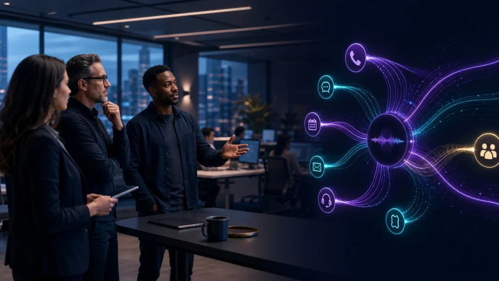 Conceptual AI call center for high-growth businesses connecting phone, messaging, scheduling, tickets, and human escalation